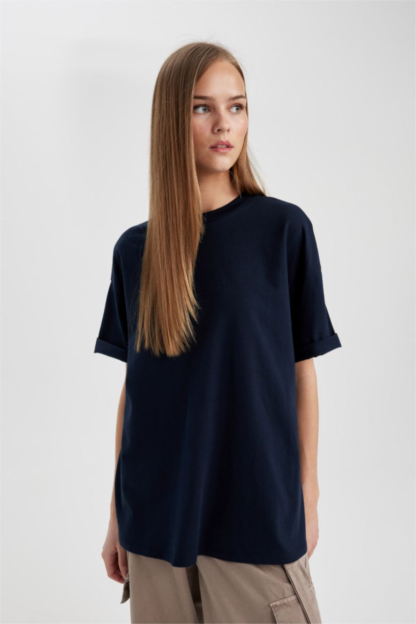 WOMAN NAVY Oversize Fit Crew Neck Short Sleeve T-Shirt
