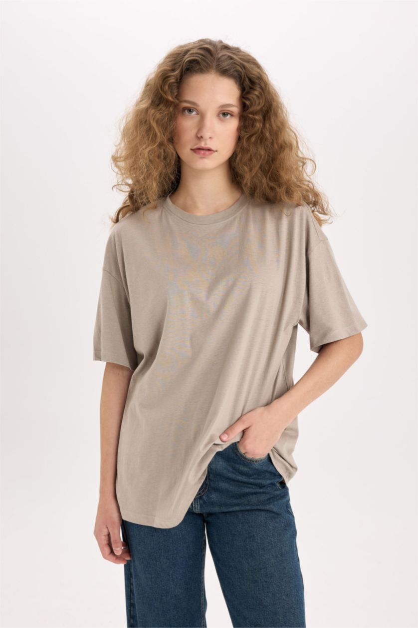 Kadın Gri %100 Pamuk Oversıze Basıc Tişört