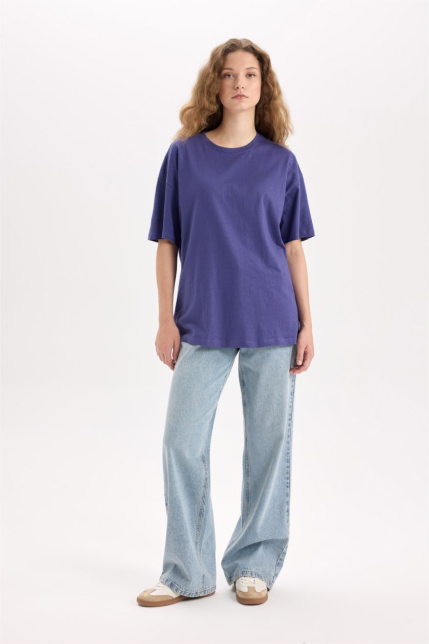 Женщины Фиолетовый Футболка оверсайз с круглым вырезом