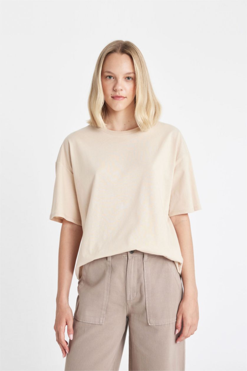 Women Light Beige Oversize Fit Short Sleeve T-Shirt