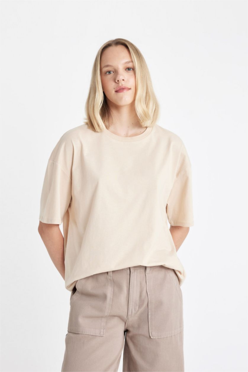 Women Light Beige Oversize Fit Short Sleeve T-Shirt