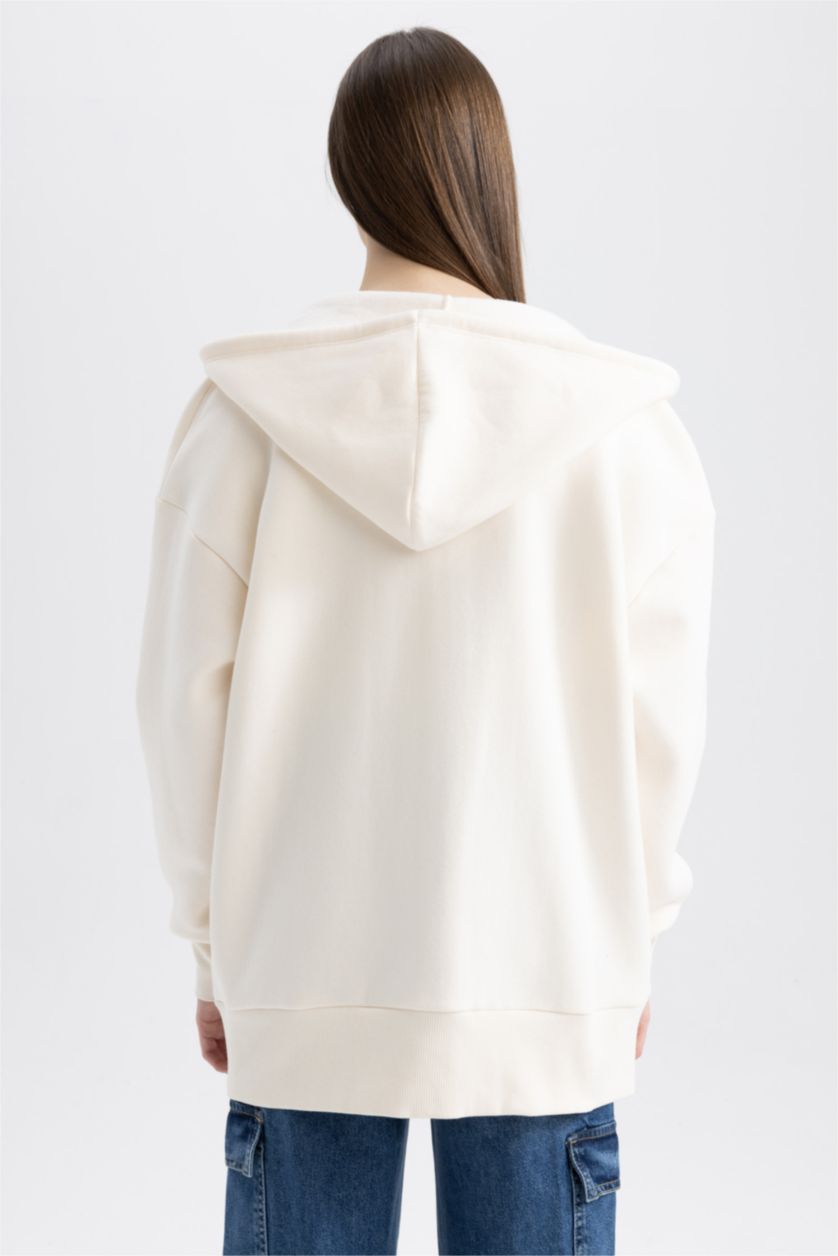 Woman Ecru Oversize Fit Hooded Thick Fabric Cardigan