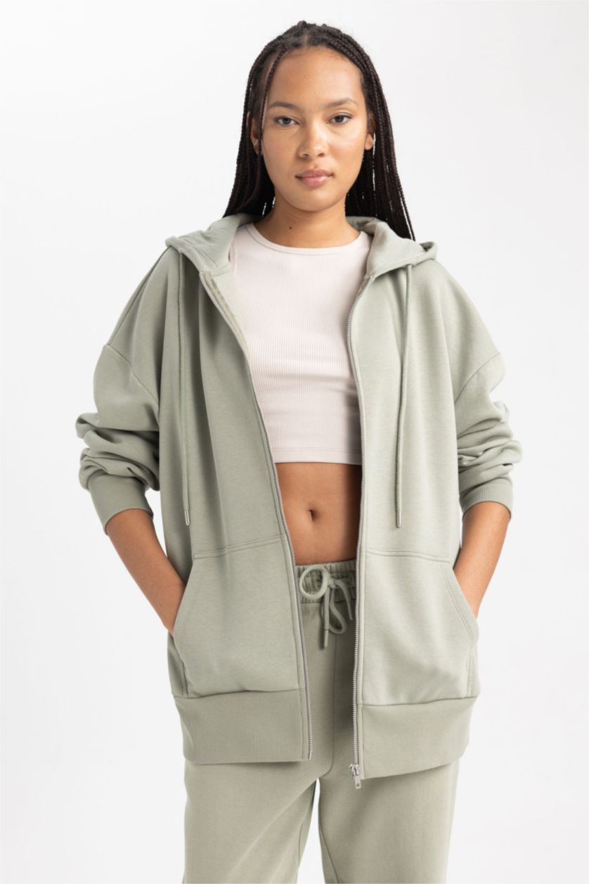 Женщины Светлый хаки Кардиган оверсайз с капюшоном из плотной ткани