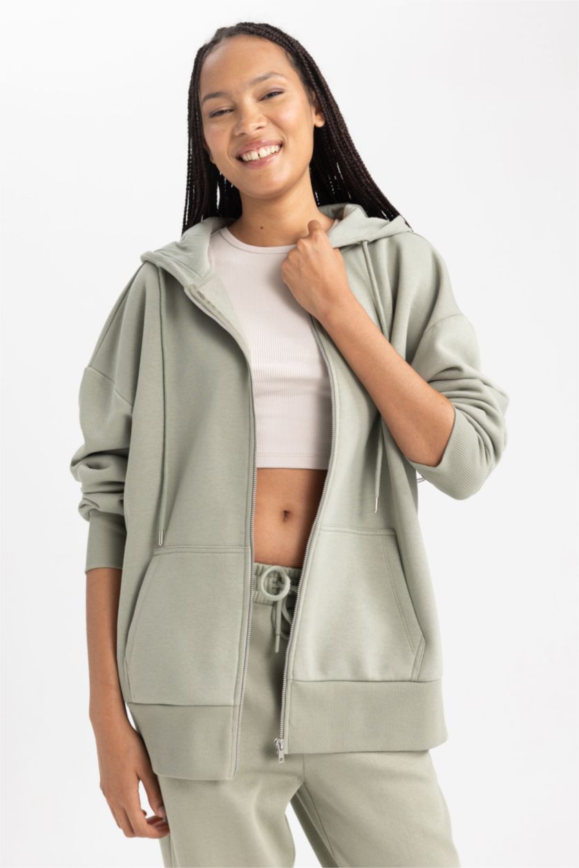 Женщины Светлый хаки Кардиган оверсайз с капюшоном из плотной ткани