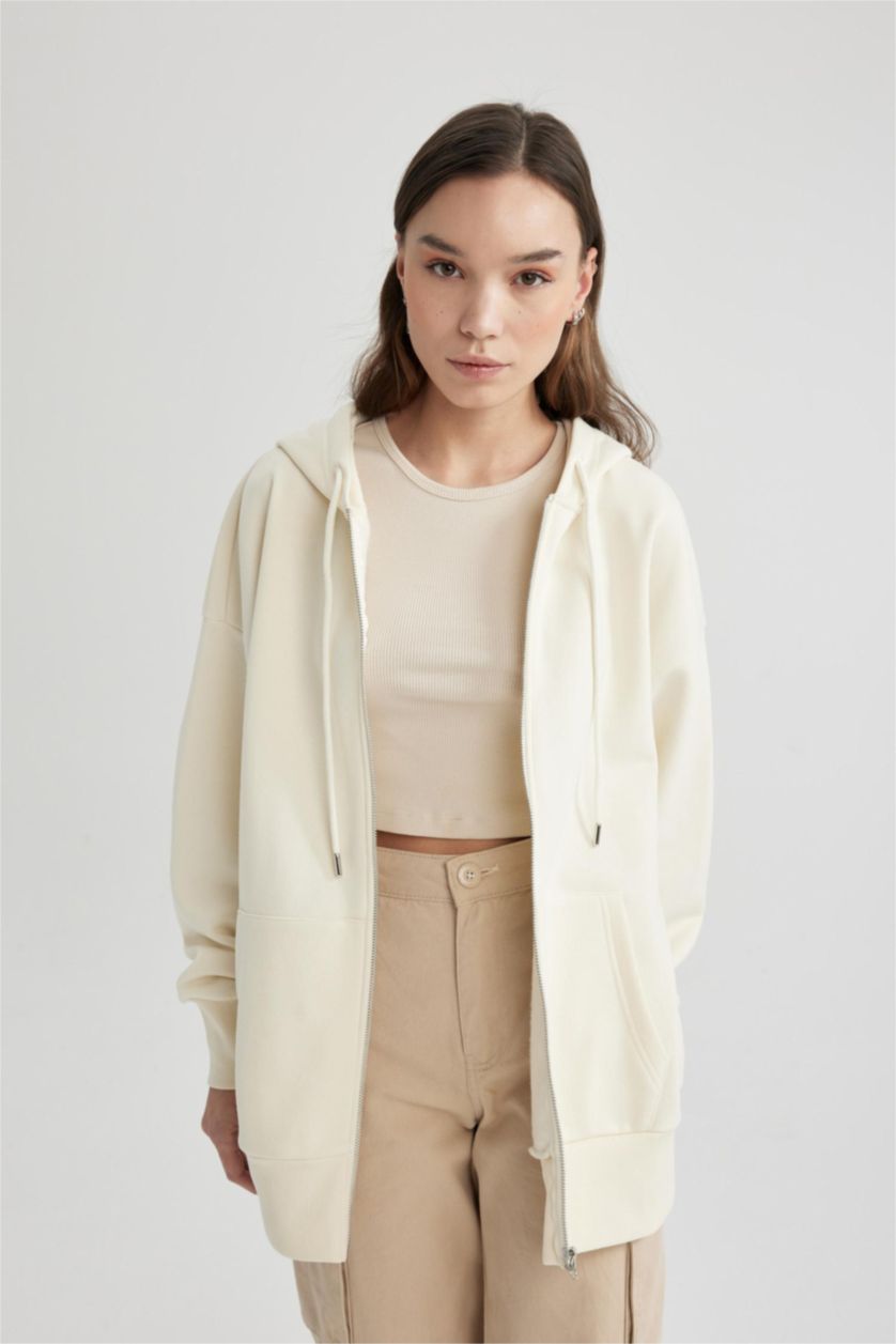 Kadın Ekru Oversıze Kapüşonlu Cepli Basıc Fermuarlı Sweatshirt