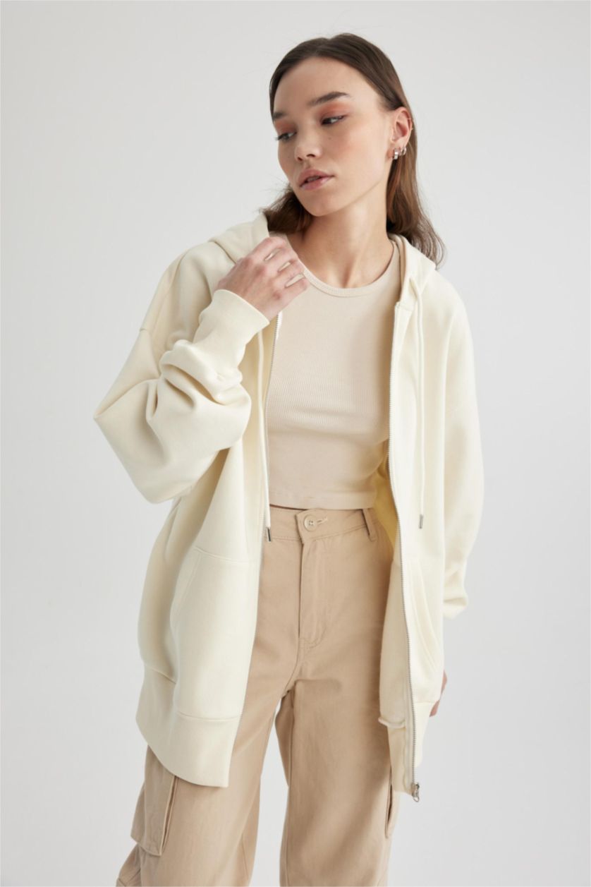 Kadın Ekru Oversıze Kapüşonlu Cepli Basıc Fermuarlı Sweatshirt