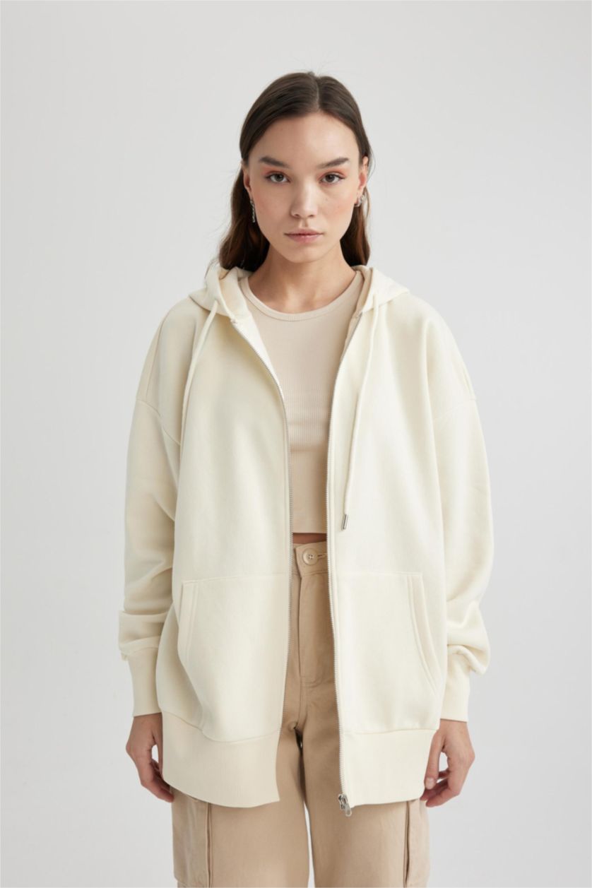 Kadın Ekru Oversıze Kapüşonlu Cepli Basıc Fermuarlı Sweatshirt