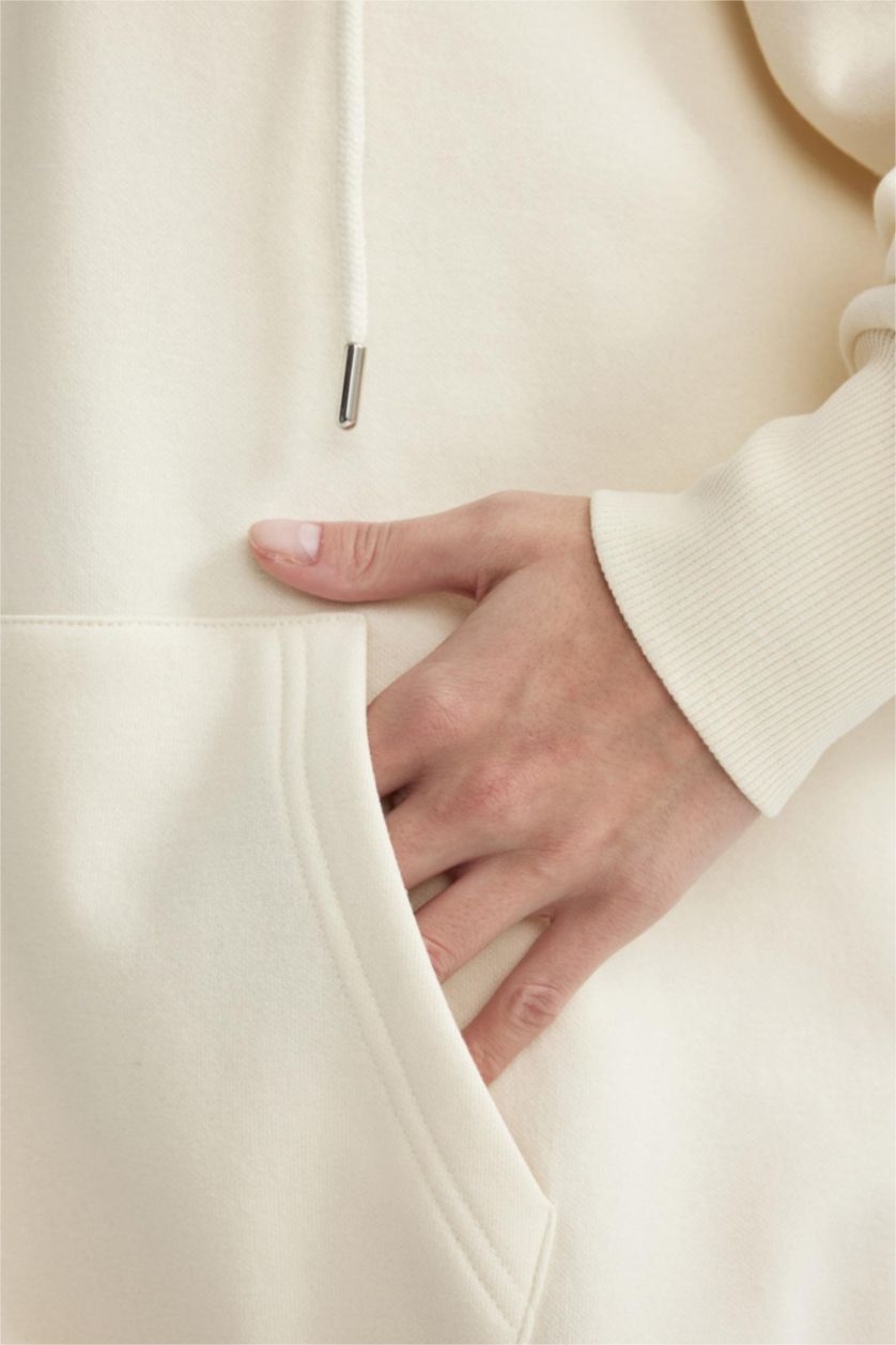 Kadın Ekru Oversıze Kapüşonlu Cepli Basıc Fermuarlı Sweatshirt