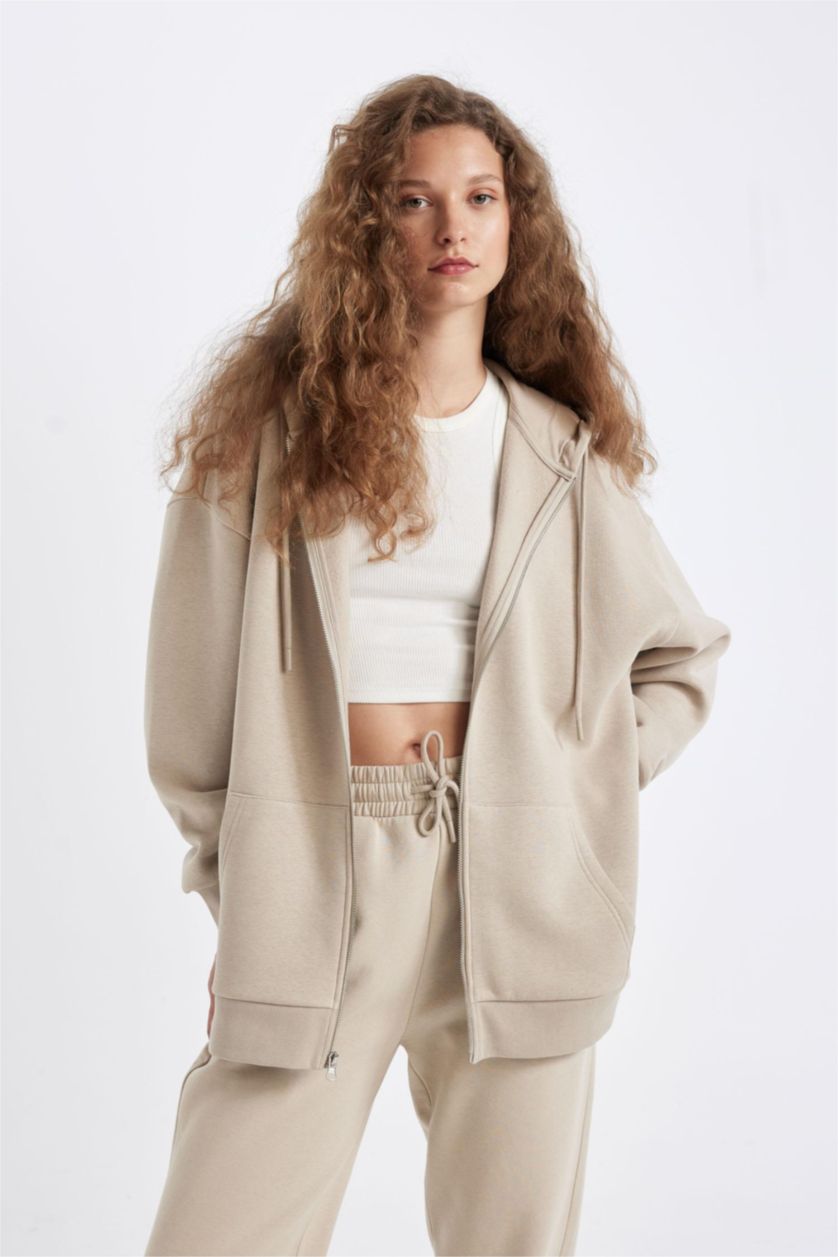 FEMME Beige Sweat-shirt à capuche Oversize zippé en tissu Sweat épais