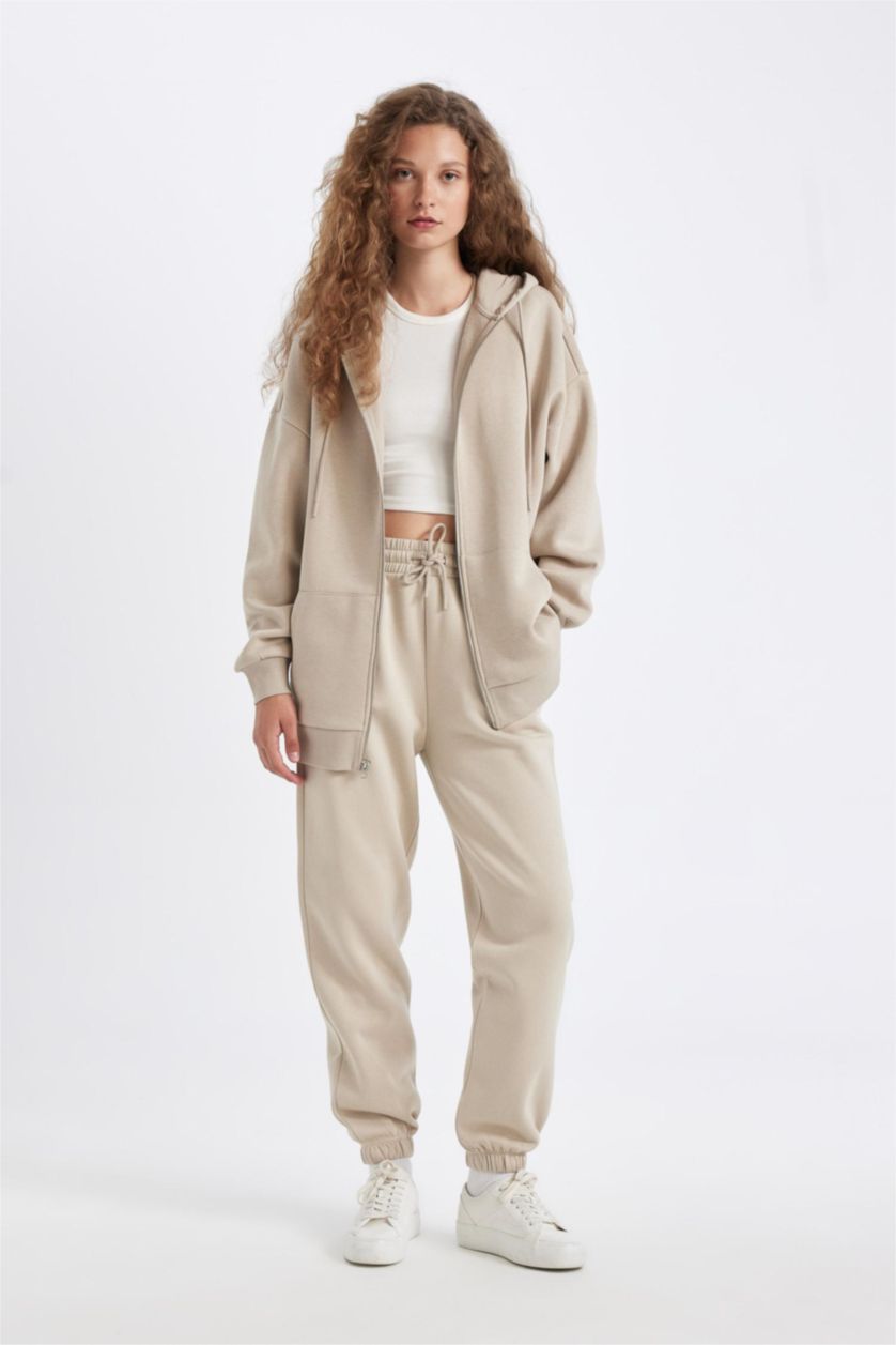 FEMME Beige Sweat-shirt à capuche Oversize zippé en tissu Sweat épais