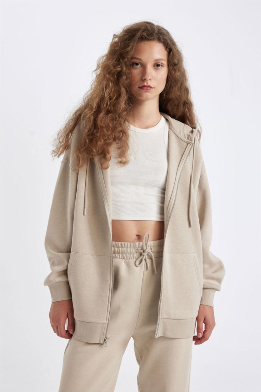 FEMME Beige Sweat-shirt à capuche Oversize zippé en tissu Sweat épais