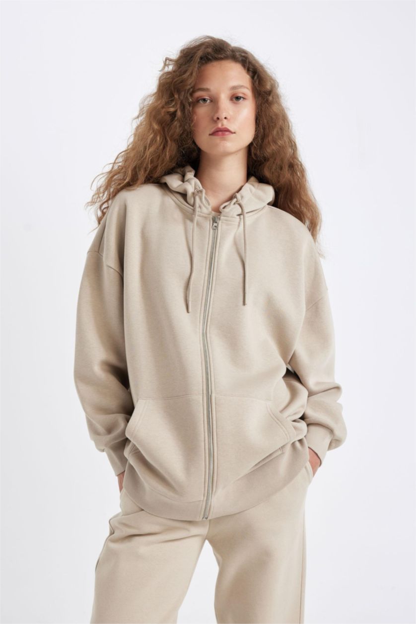 FEMME Beige Sweat-shirt à capuche Oversize zippé en tissu Sweat épais