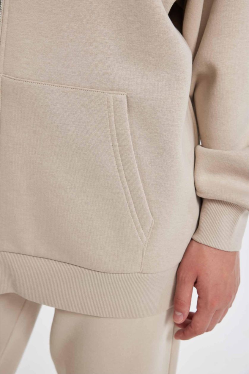 FEMME Beige Sweat-shirt à capuche Oversize zippé en tissu Sweat épais