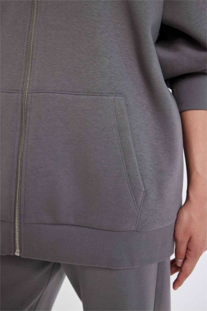 Kadın Gri Oversize Geniş Kalıp Kapüşonlu Cepli Basic Düz Fermuarlı Sweatshirt