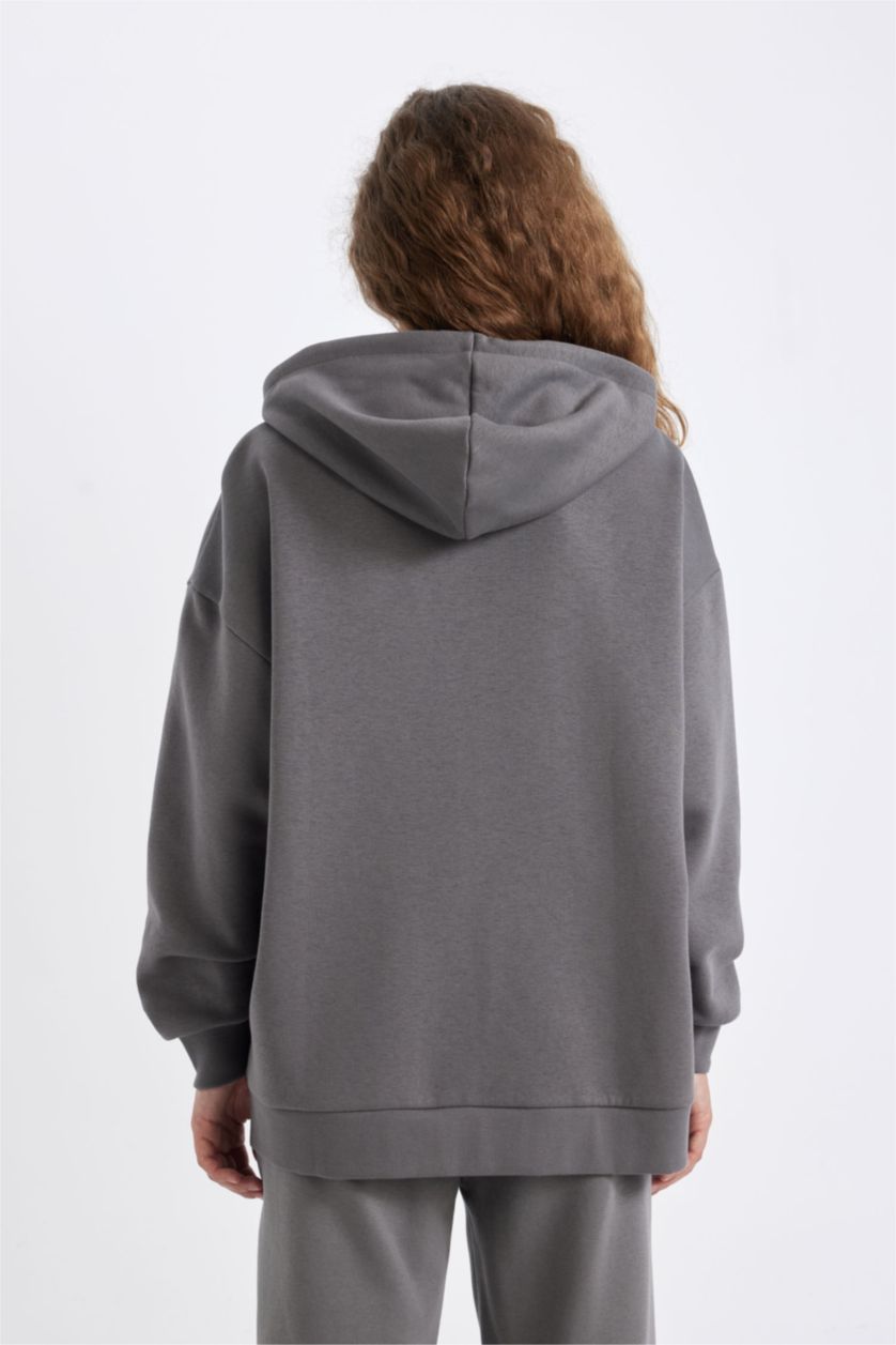 Kadın Gri Oversize Geniş Kalıp Kapüşonlu Cepli Basic Düz Fermuarlı Sweatshirt