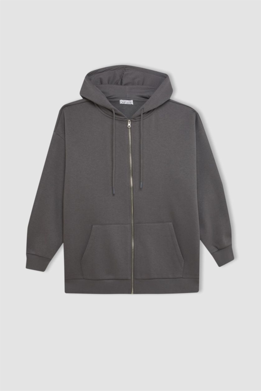 Kadın Gri Oversize Geniş Kalıp Kapüşonlu Cepli Basic Düz Fermuarlı Sweatshirt