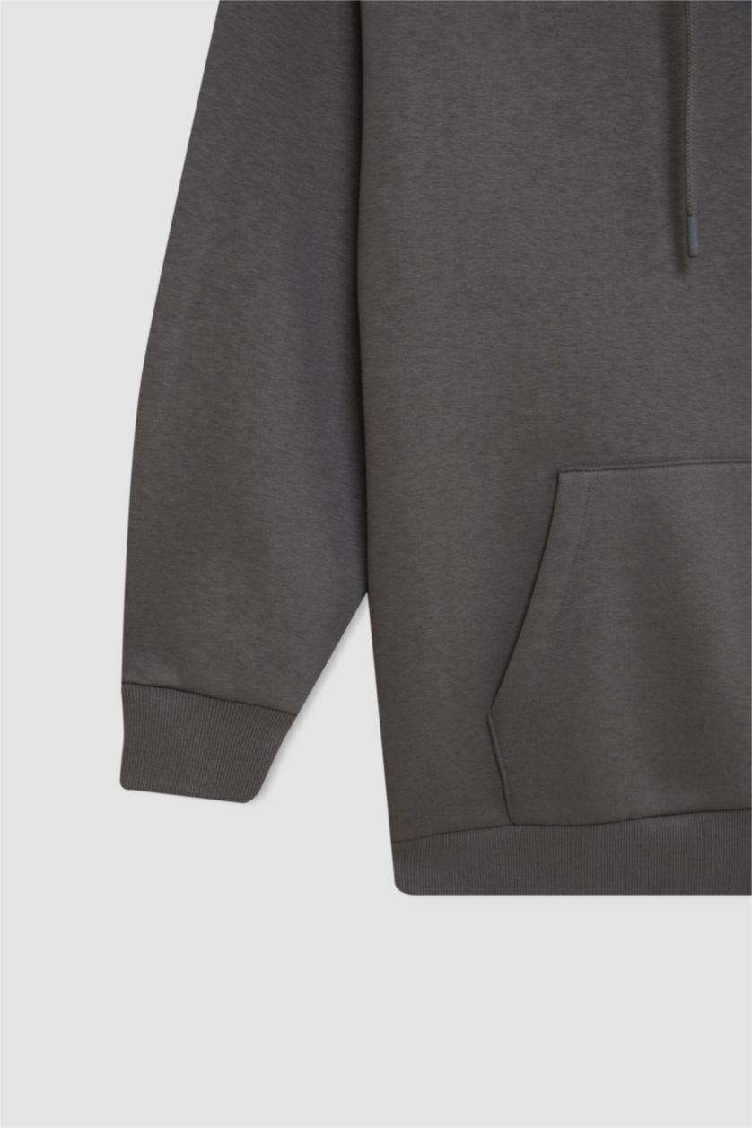 Kadın Gri Oversize Geniş Kalıp Kapüşonlu Cepli Basic Düz Fermuarlı Sweatshirt