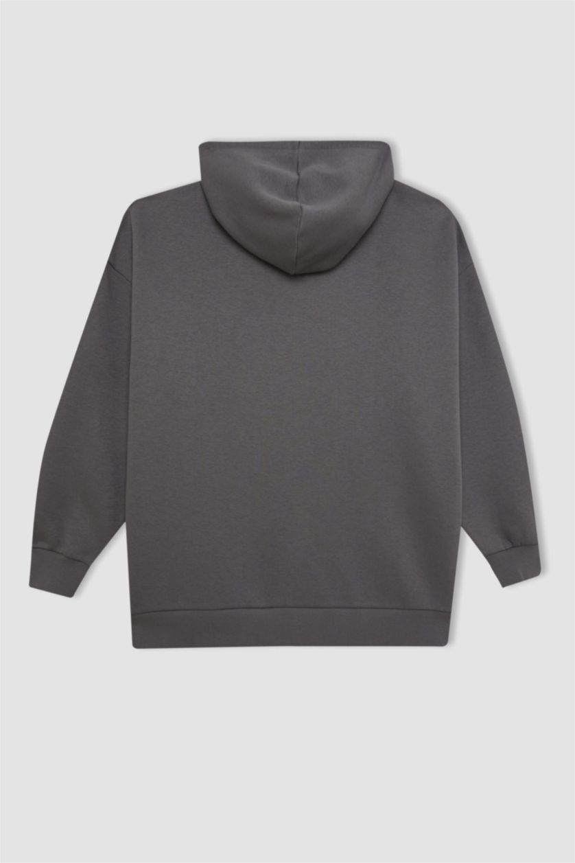 Kadın Gri Oversize Geniş Kalıp Kapüşonlu Cepli Basic Düz Fermuarlı Sweatshirt