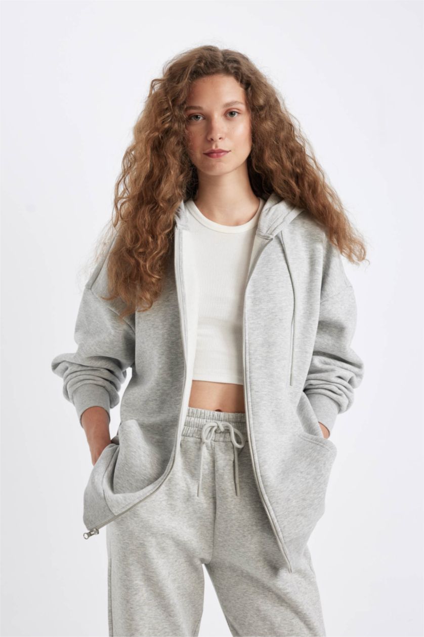 WOMAN Grey Melange Oversize Fit Kangaroo Pocket Basic Zip-Up Hoodie