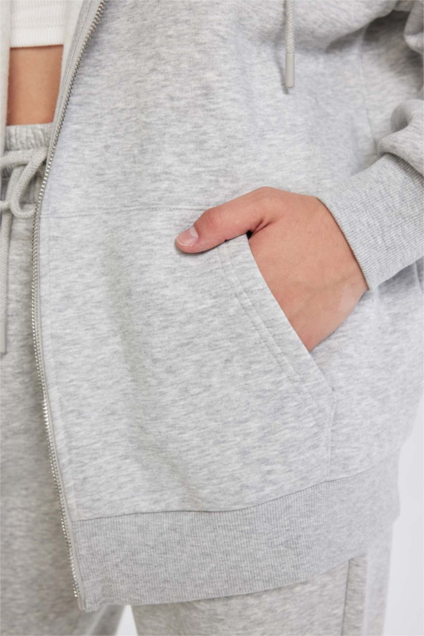 WOMAN Grey Melange Oversize Fit Kangaroo Pocket Basic Zip-Up Hoodie