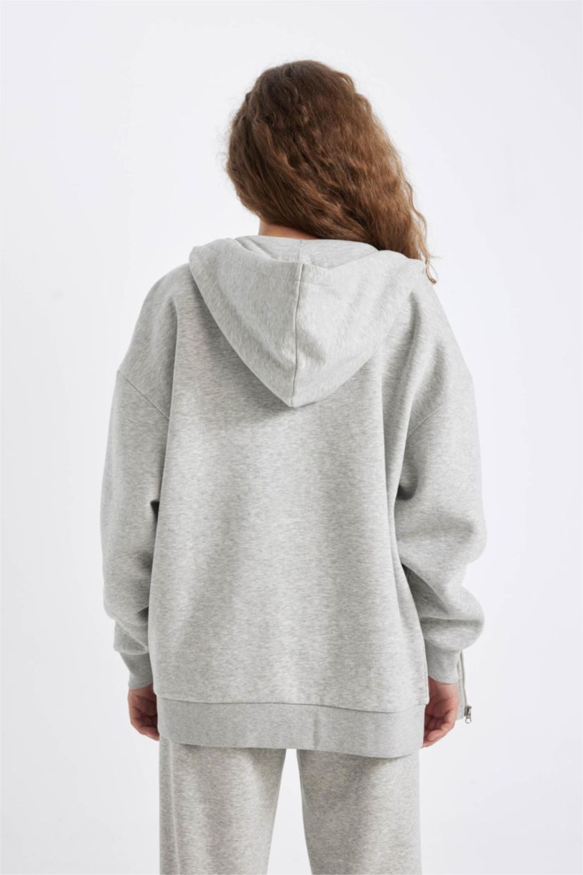 WOMAN Grey Melange Oversize Fit Kangaroo Pocket Basic Zip-Up Hoodie
