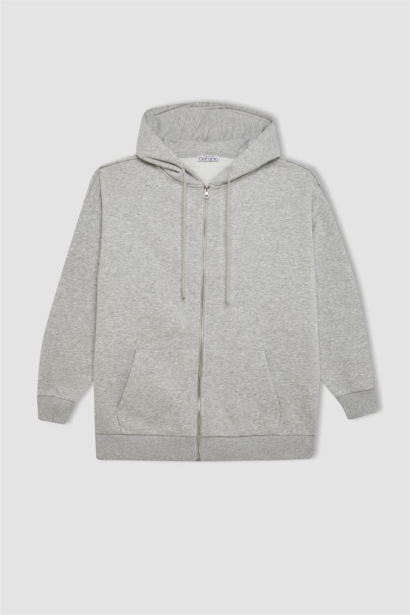 WOMAN Grey Melange Oversize Fit Kangaroo Pocket Basic Zip-Up Hoodie
