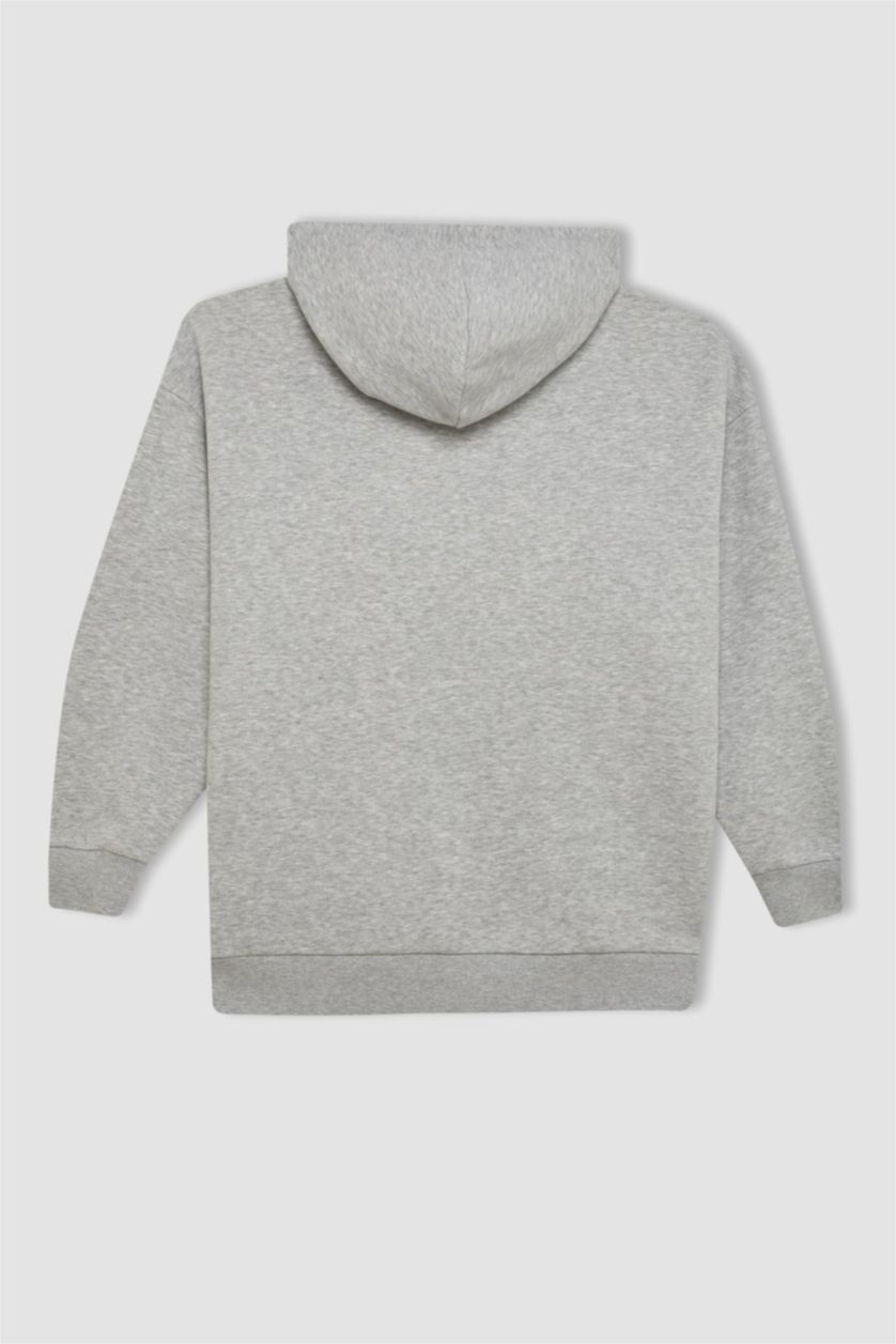 WOMAN Grey Melange Oversize Fit Kangaroo Pocket Basic Zip-Up Hoodie