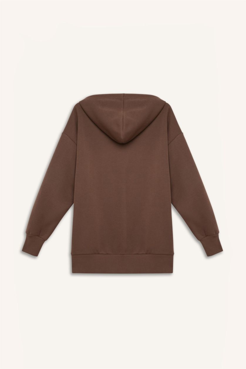 Kadın Kahve Oversize Geniş Kalıp Kapüşonlu Cepli Basic Düz Fermuarlı Sweatshirt