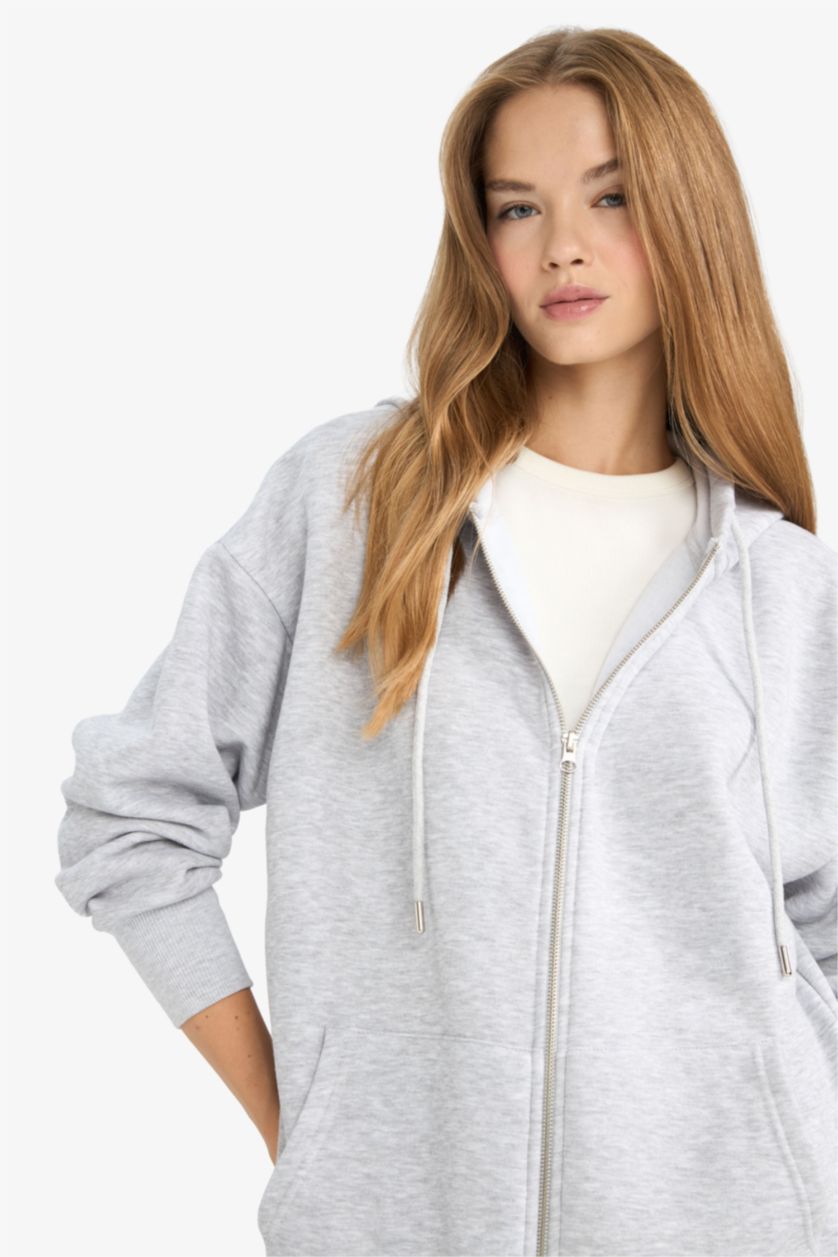 Women Grey Melange Oversize Fit Thick Fabric Zip-Up Hoodie