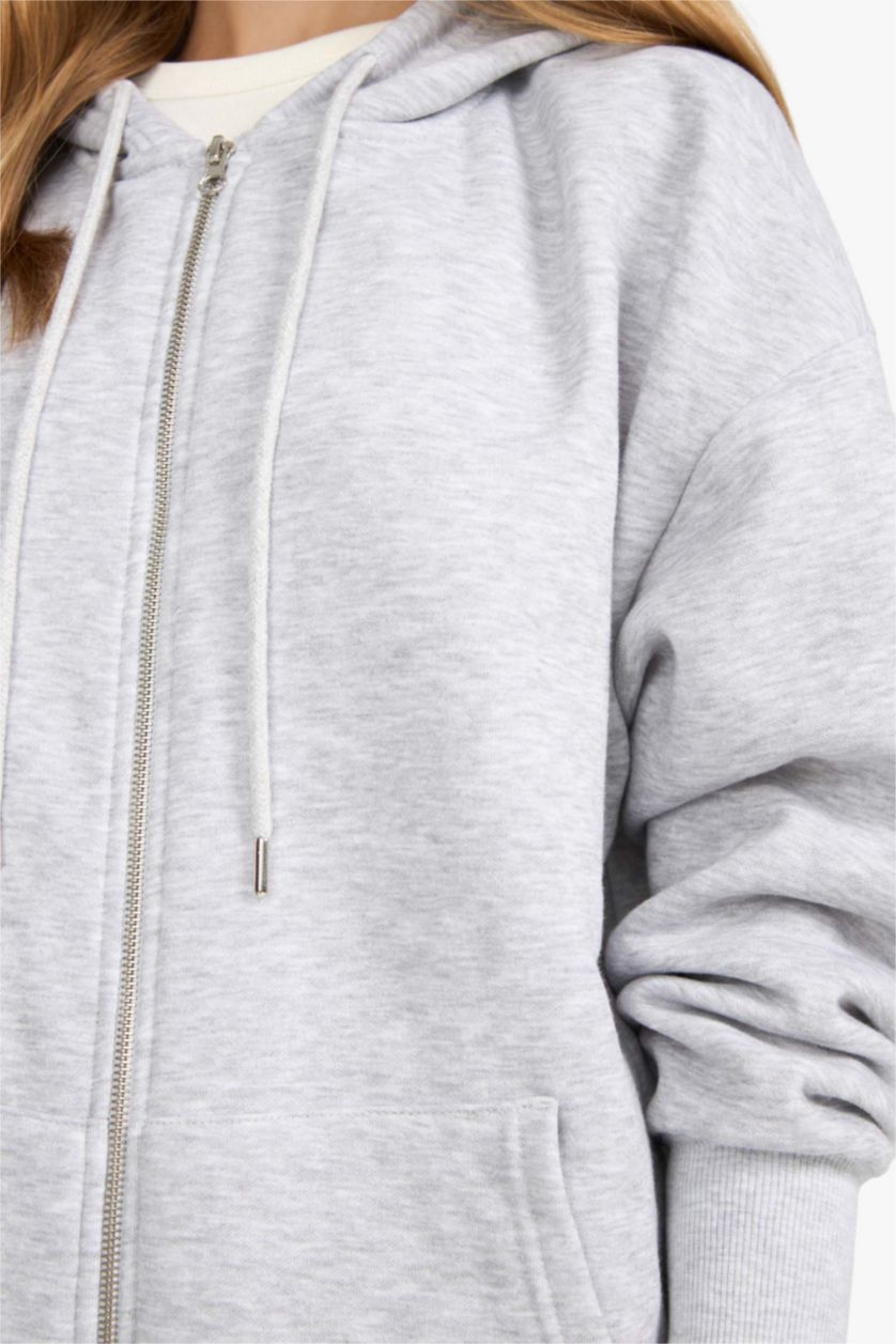 Women Grey Melange Oversize Fit Thick Fabric Zip-Up Hoodie