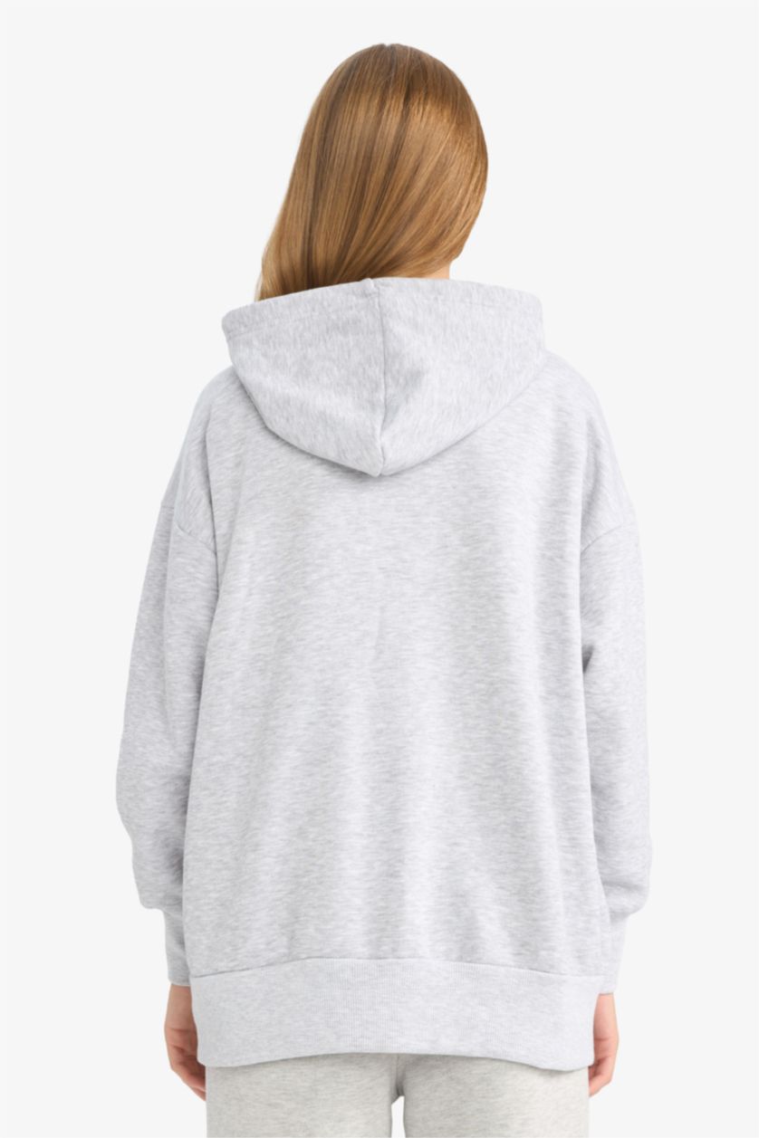 Women Grey Melange Oversize Fit Thick Fabric Zip-Up Hoodie