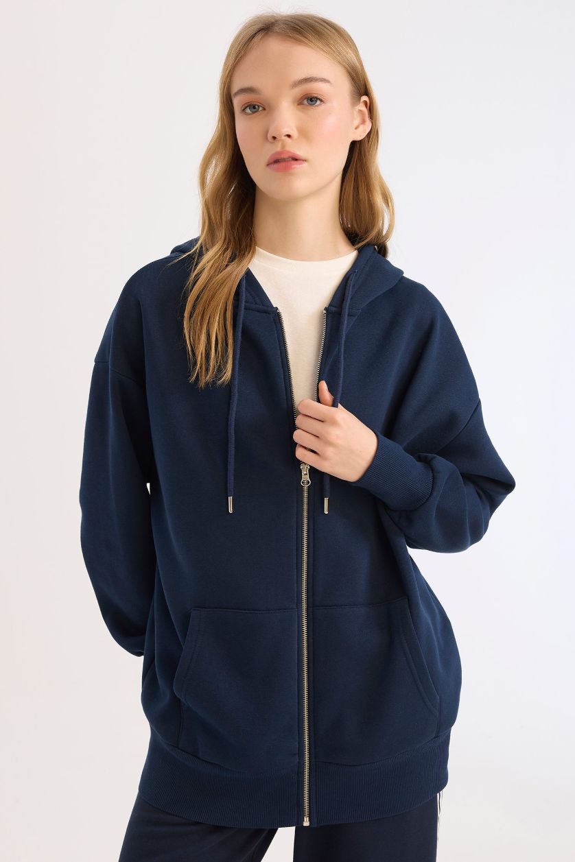 WOMAN NAVY Oversize Fit Kangaroo Pocket Basic Zippered Hoodie