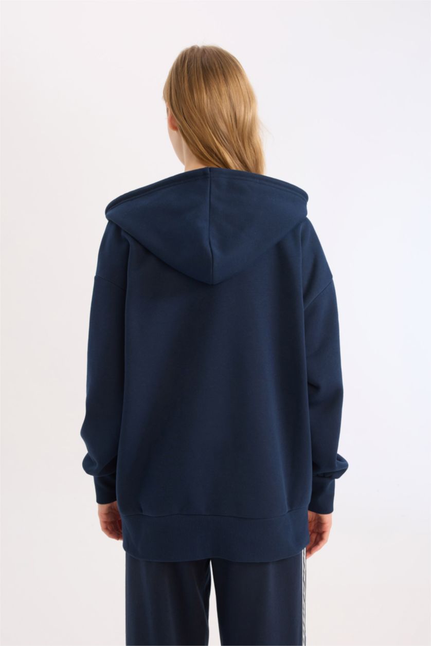 WOMAN NAVY Oversize Fit Kangaroo Pocket Basic Zippered Hoodie
