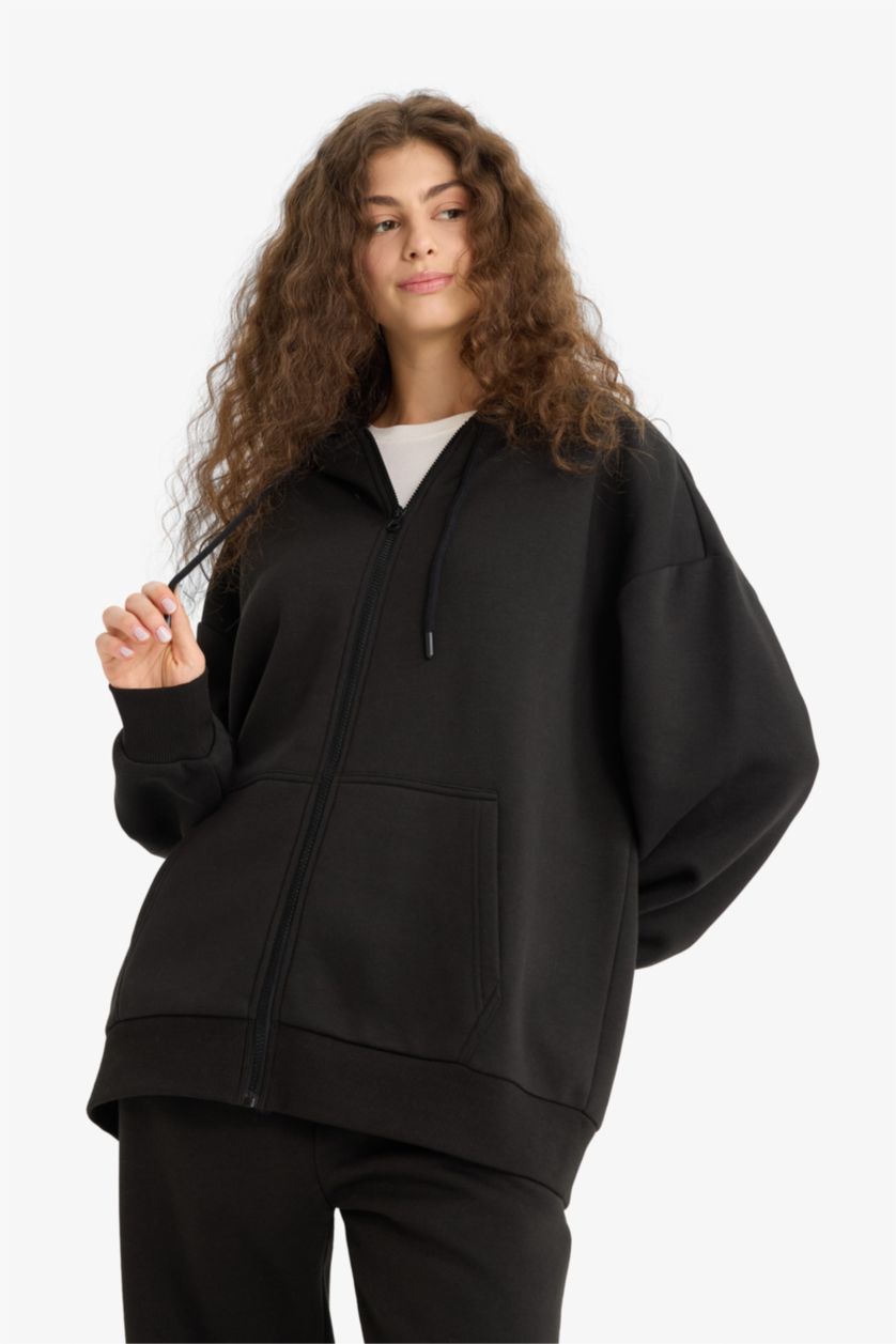 نساء أسود Oversize Fit Thick Fabric Zip-Up Hoodie