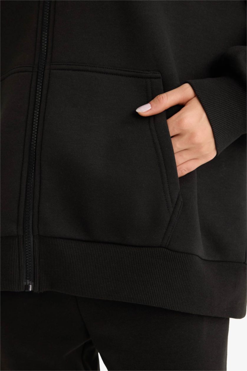 نساء أسود Oversize Fit Thick Fabric Zip-Up Hoodie
