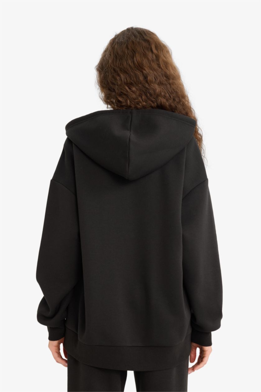 نساء أسود Oversize Fit Thick Fabric Zip-Up Hoodie