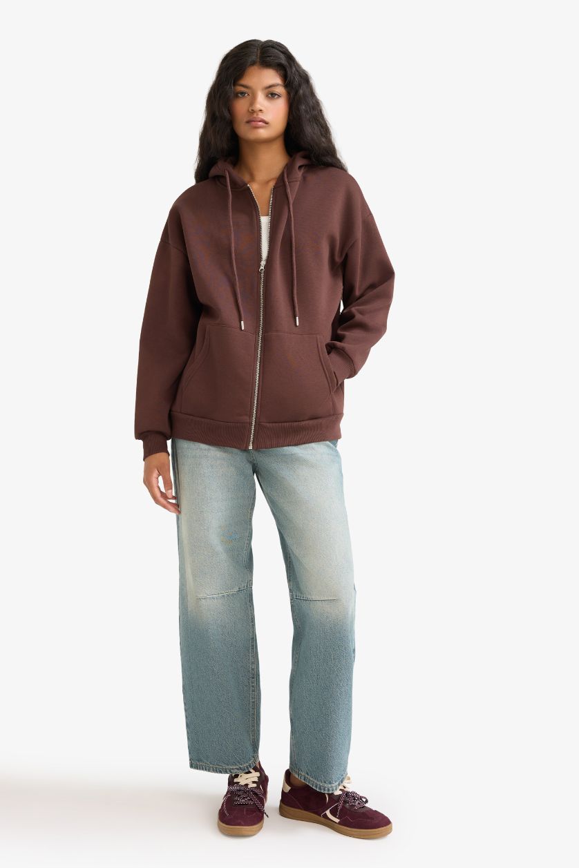FEMME Marron Sweat à capuche zippé oversize avec poches