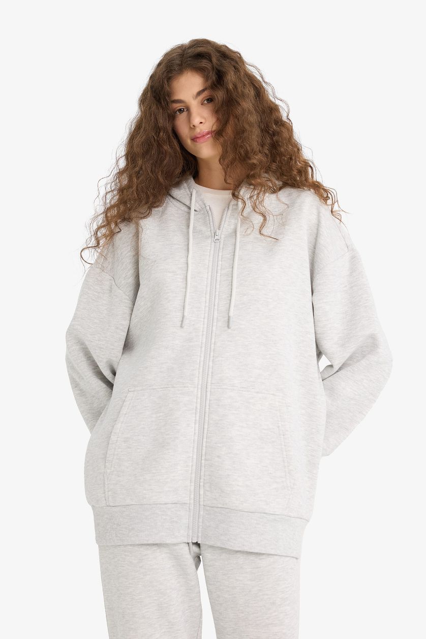 WOMAN Grey Melange Oversize Fit Thick Fabric Zip-Up Hoodie