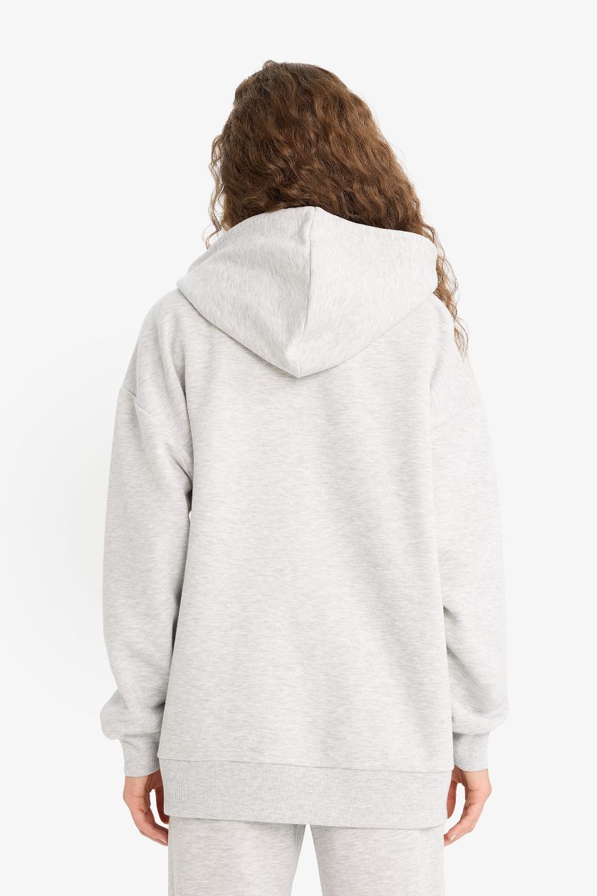WOMAN Grey Melange Oversize Fit Thick Fabric Zip-Up Hoodie