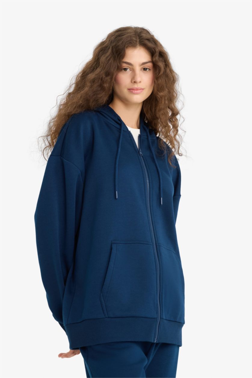 Женщины Синий Оверсайз широкий крой с капюшоном из толстой ткани кардиган