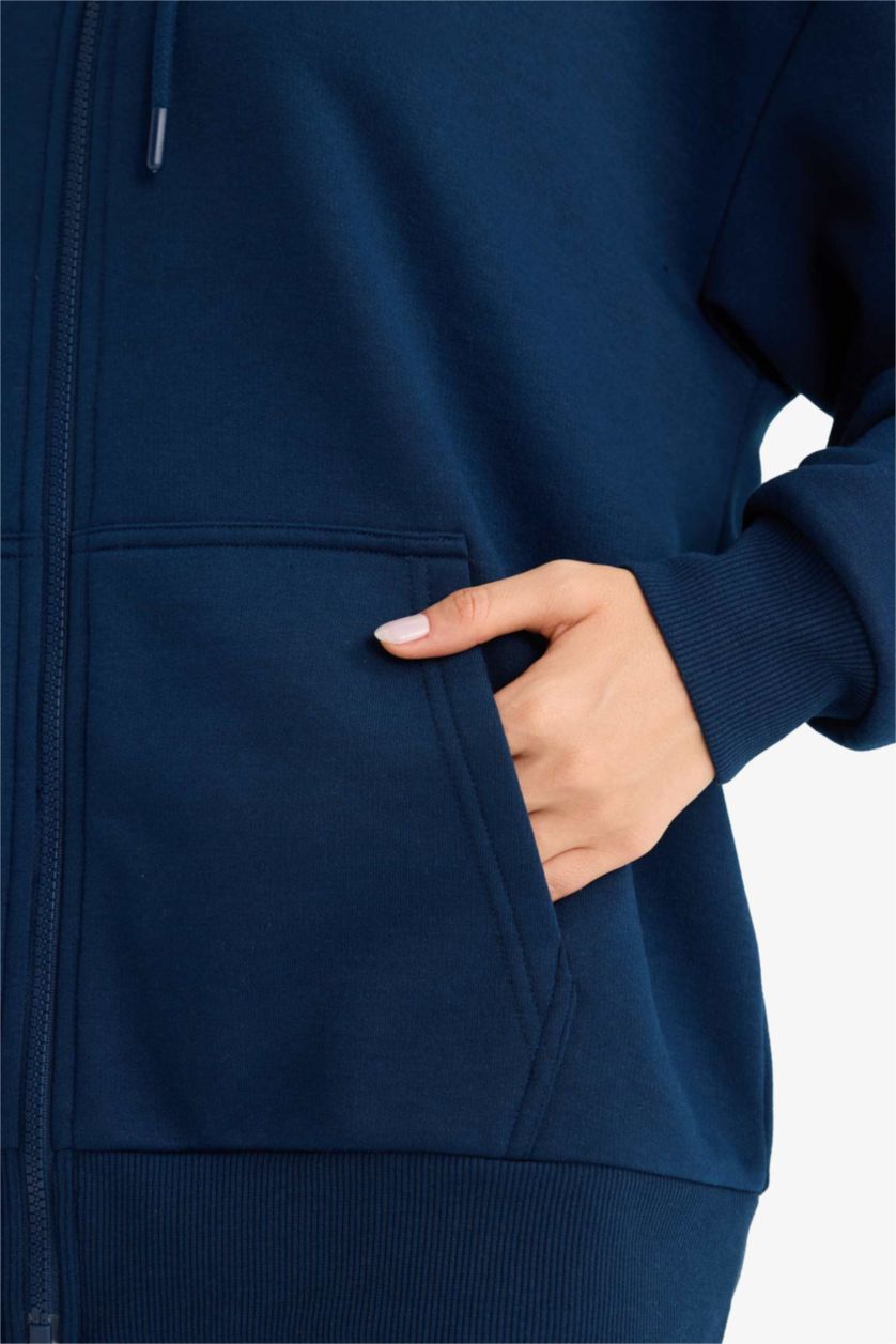 Женщины Синий Оверсайз широкий крой с капюшоном из толстой ткани кардиган