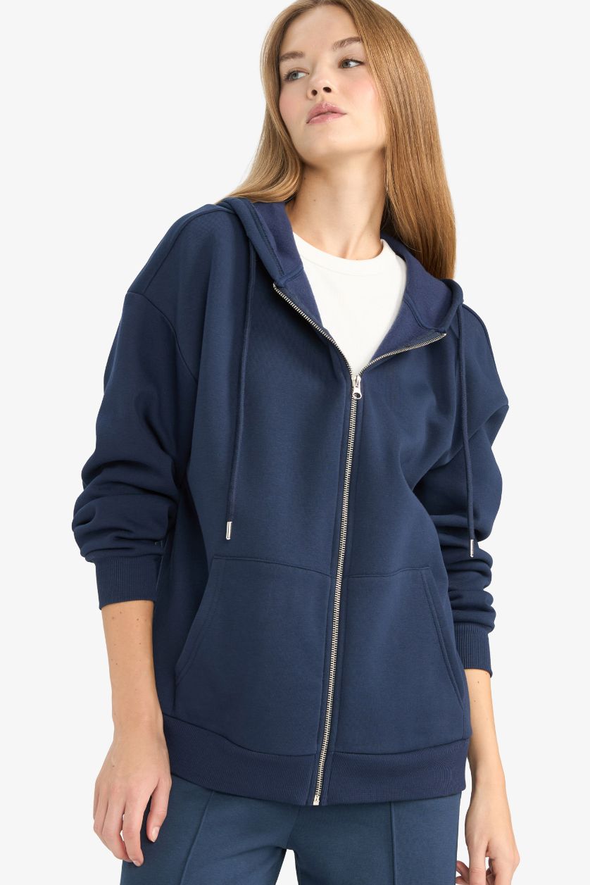 WOMAN NAVY Oversize Fit Hooded Zippered Thick Sweatshirt