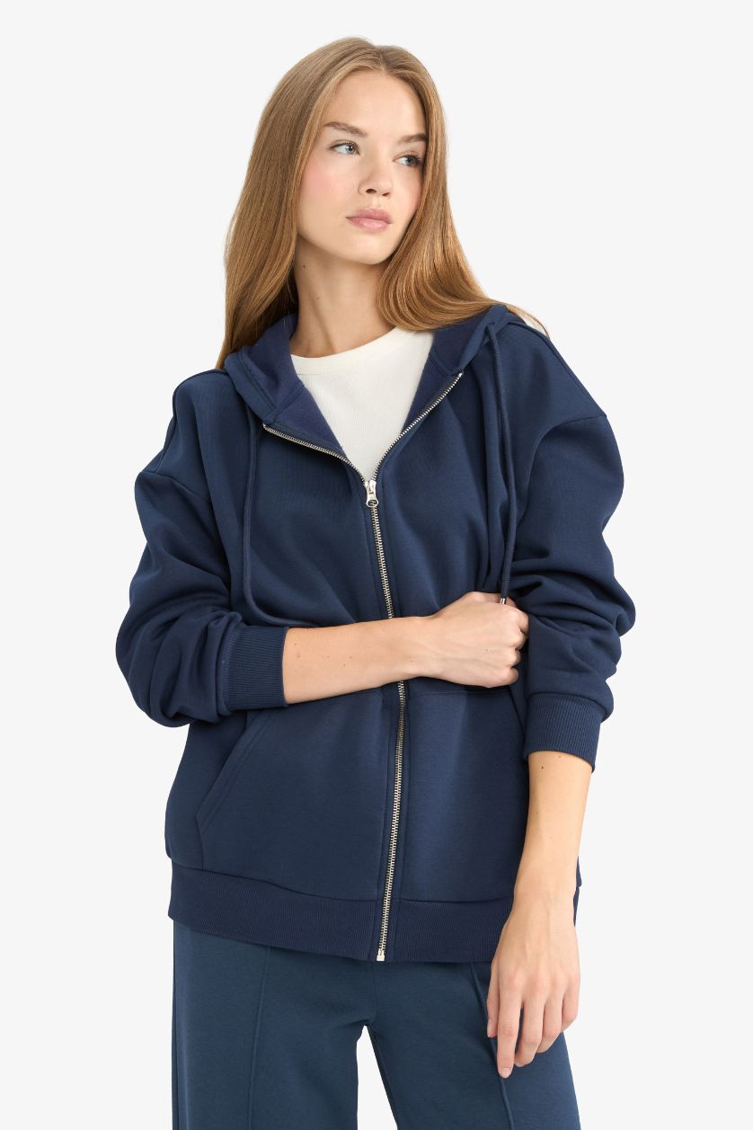 WOMAN NAVY Oversize Fit Hooded Zippered Thick Sweatshirt