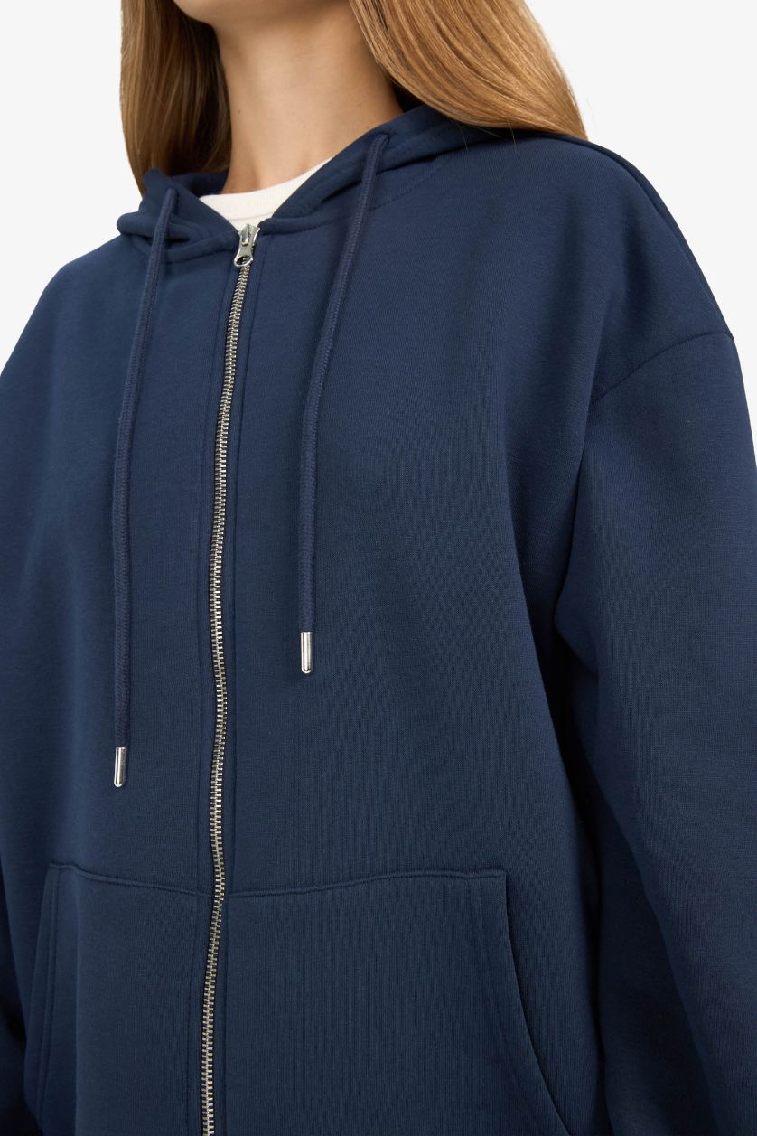 WOMAN NAVY Oversize Fit Hooded Zippered Thick Sweatshirt