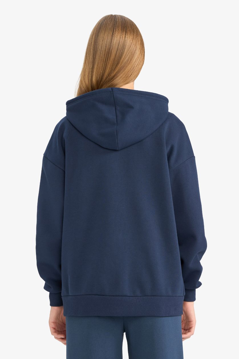 WOMAN NAVY Oversize Fit Hooded Zippered Thick Sweatshirt