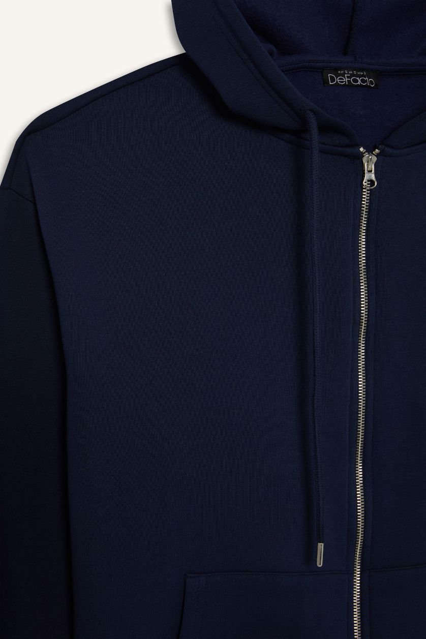 WOMAN NAVY Oversize Fit Hooded Zippered Thick Sweatshirt