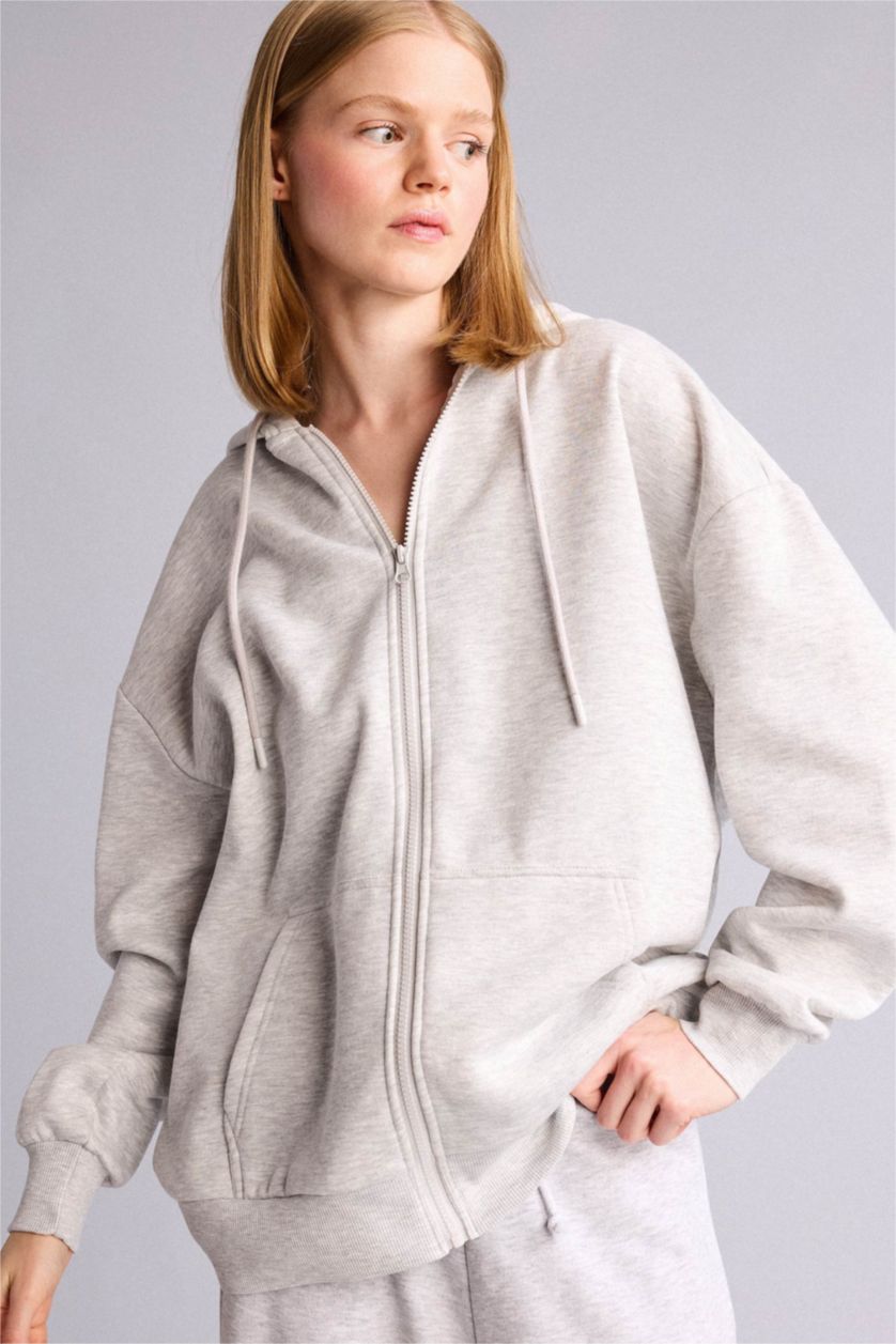 Kadın Gri Melanj Oversize Kapüşonlu Sweatshirt