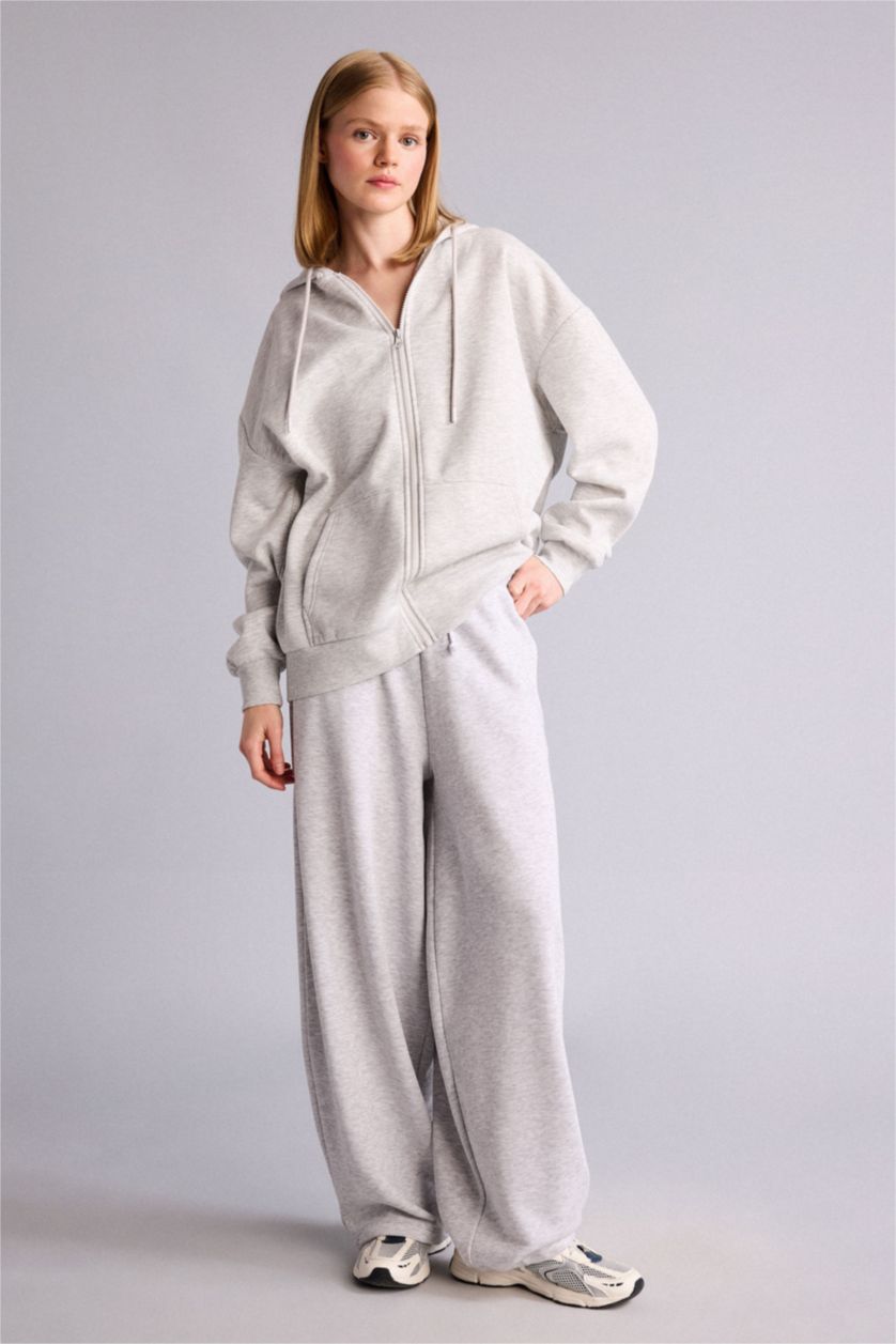 Kadın Gri Melanj Oversize Kapüşonlu Sweatshirt