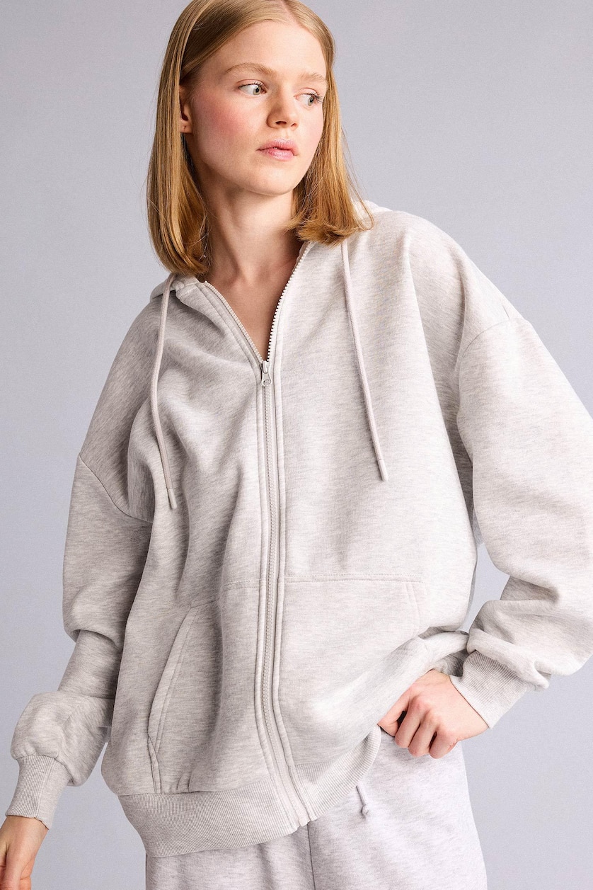 Kadın Gri Melanj Pamuklu Oversize Kapüşonlu Sweatshirt