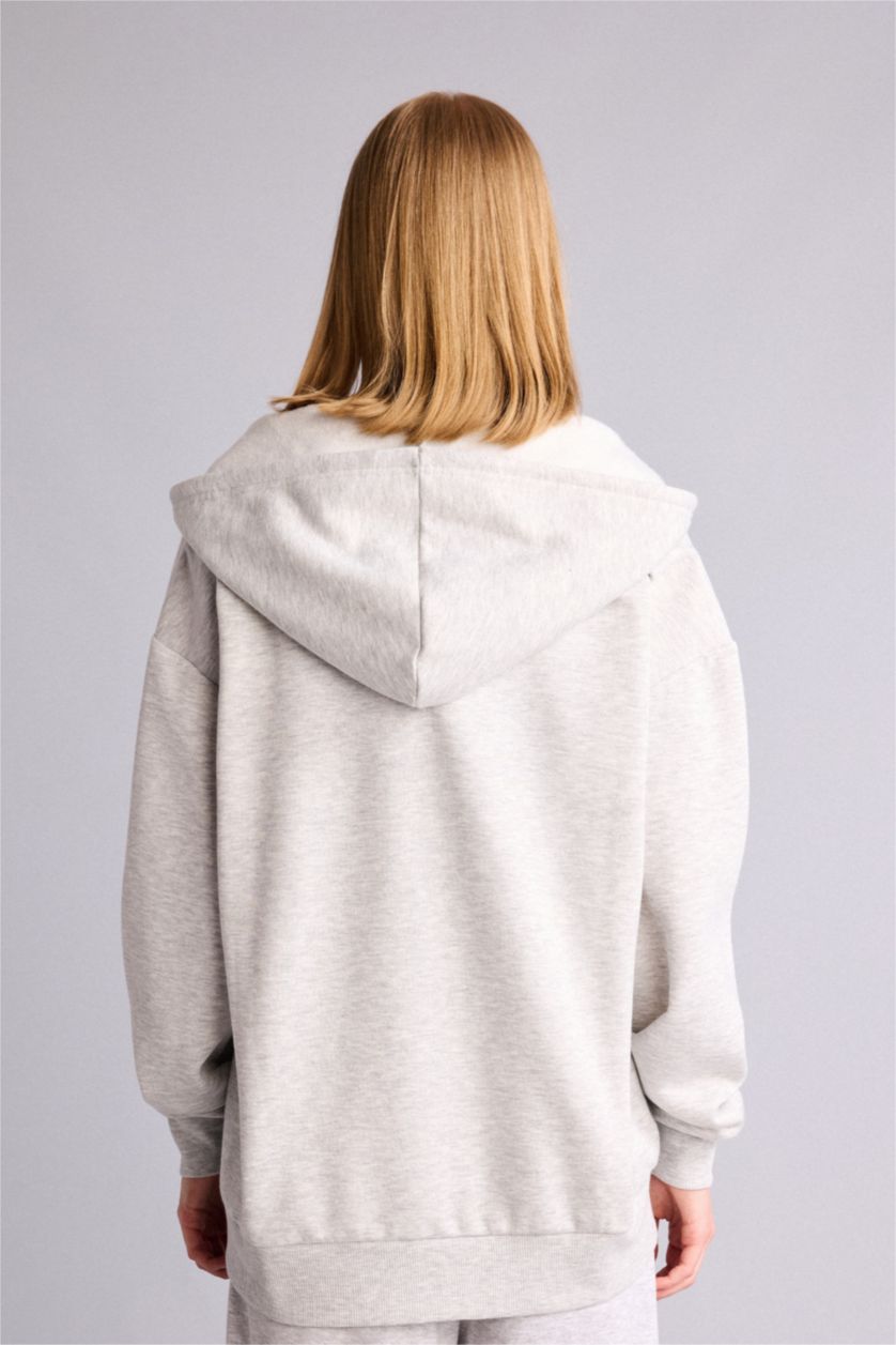 Kadın Gri Melanj Oversize Kapüşonlu Sweatshirt